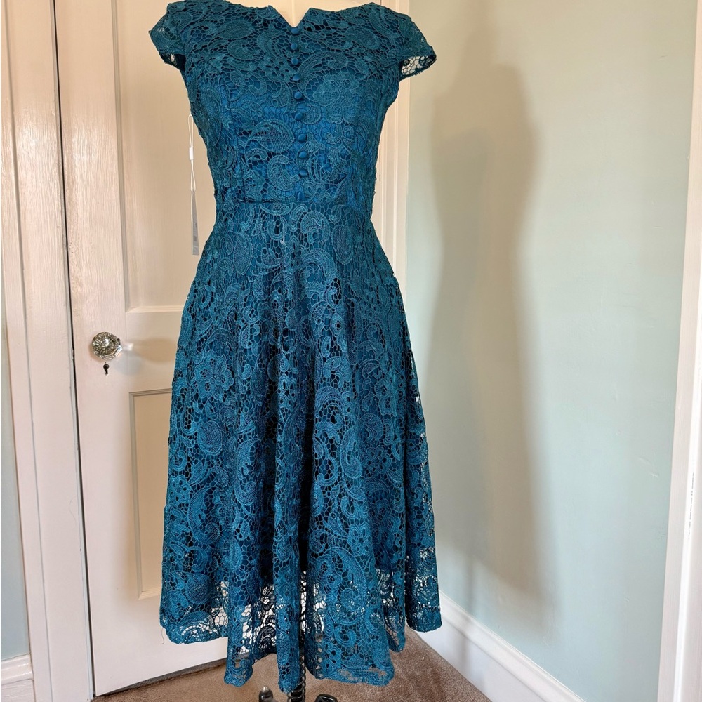 Gem Grace Blue Sheath Dress with Flutter Cap Sleeves